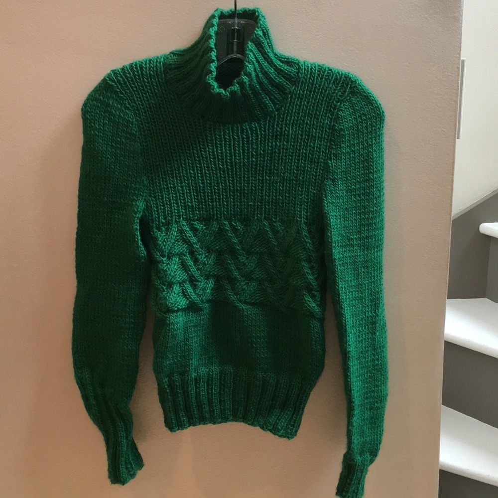 Emerald green hand knitted wool turtleneck sweater